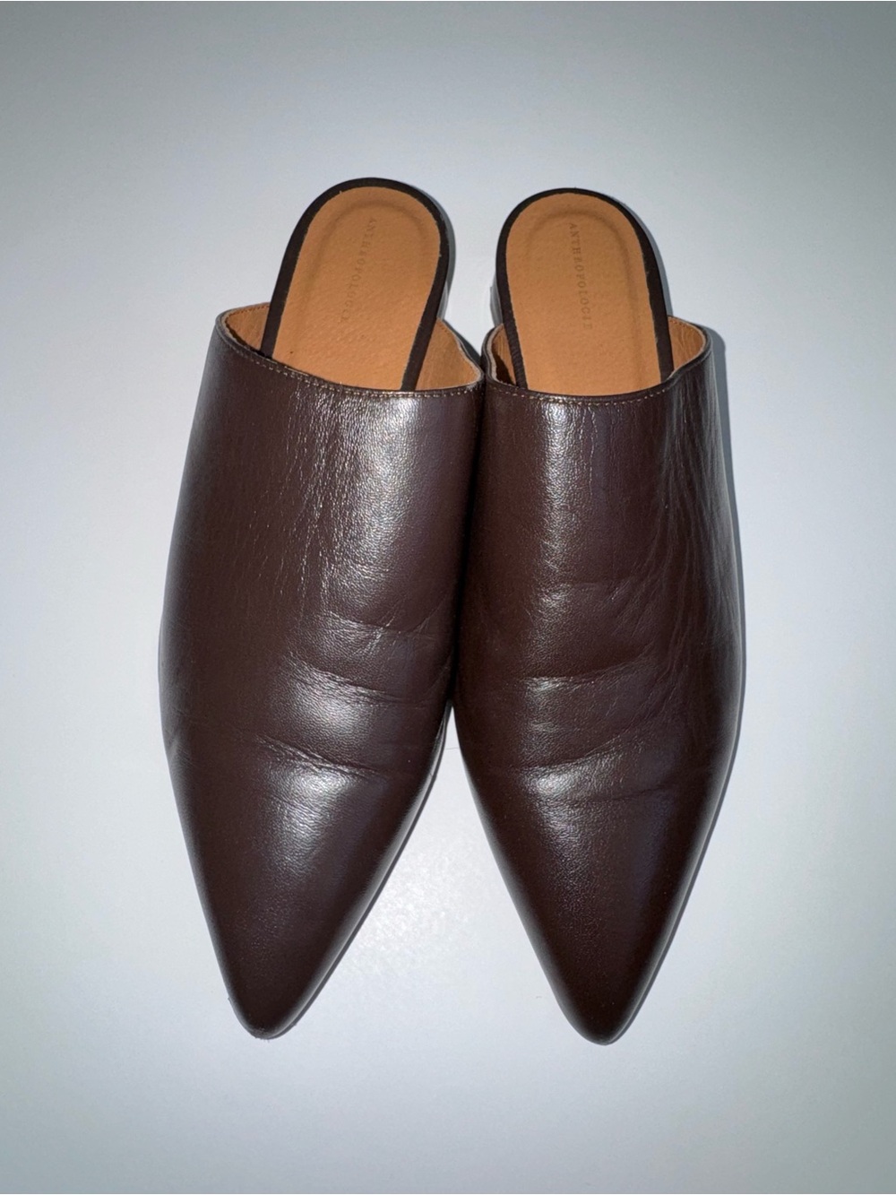 Anthropologie Brown Leather Pointed Toe Mule Flats Size 37 EU 6.5